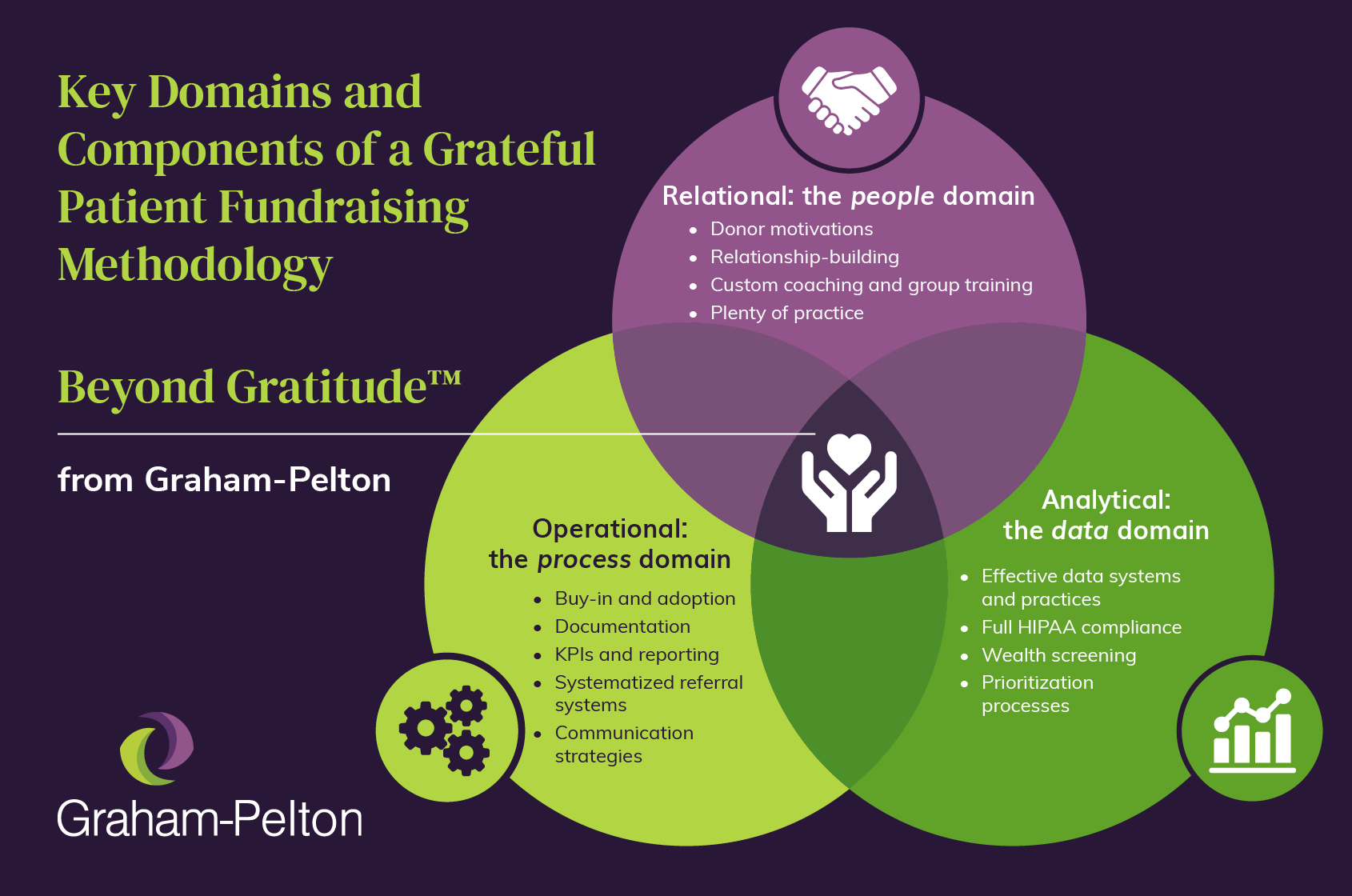 This graphic illustrates the key domains of Graham-Pelton's Beyond Gratitude grateful patient program methodology, explained in the text below.
