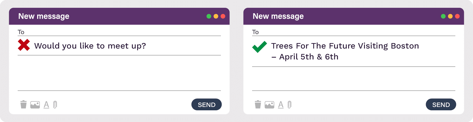Examples of an effective and ineffective prospect meeting email subject line