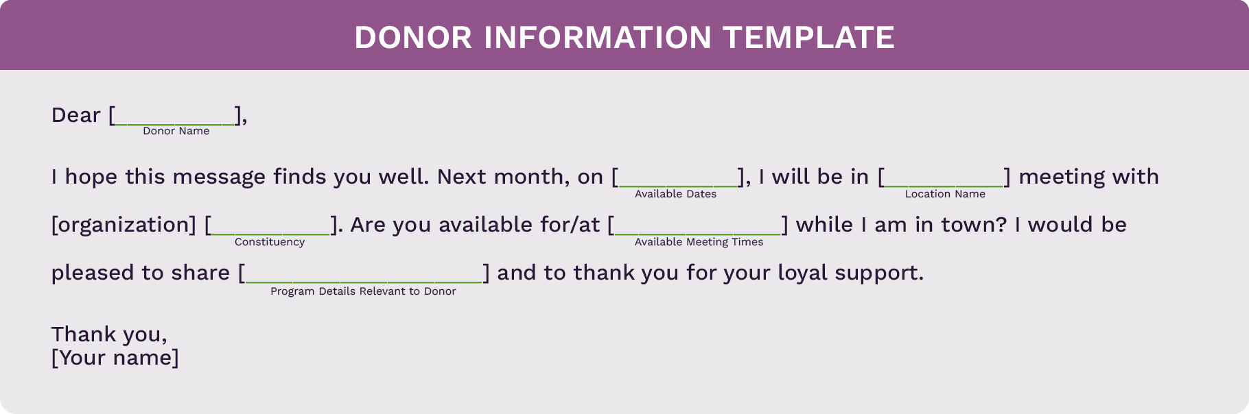 An example prospect email template with donor information highlighted